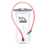 USWE hydration bladder with red drinking tube and gray bite valve, featuring transparent reservoir with branded logo and max fill line markings.