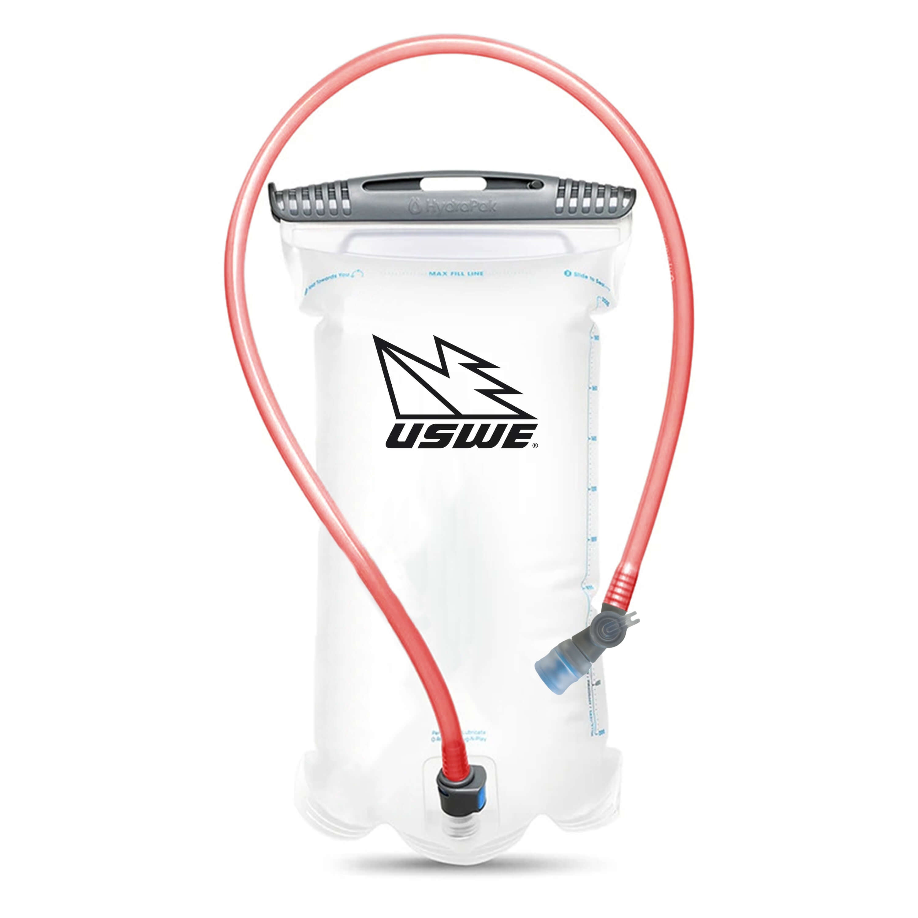 USWE hydration bladder with red drinking tube and gray bite valve, featuring transparent reservoir with branded logo and max fill line markings.