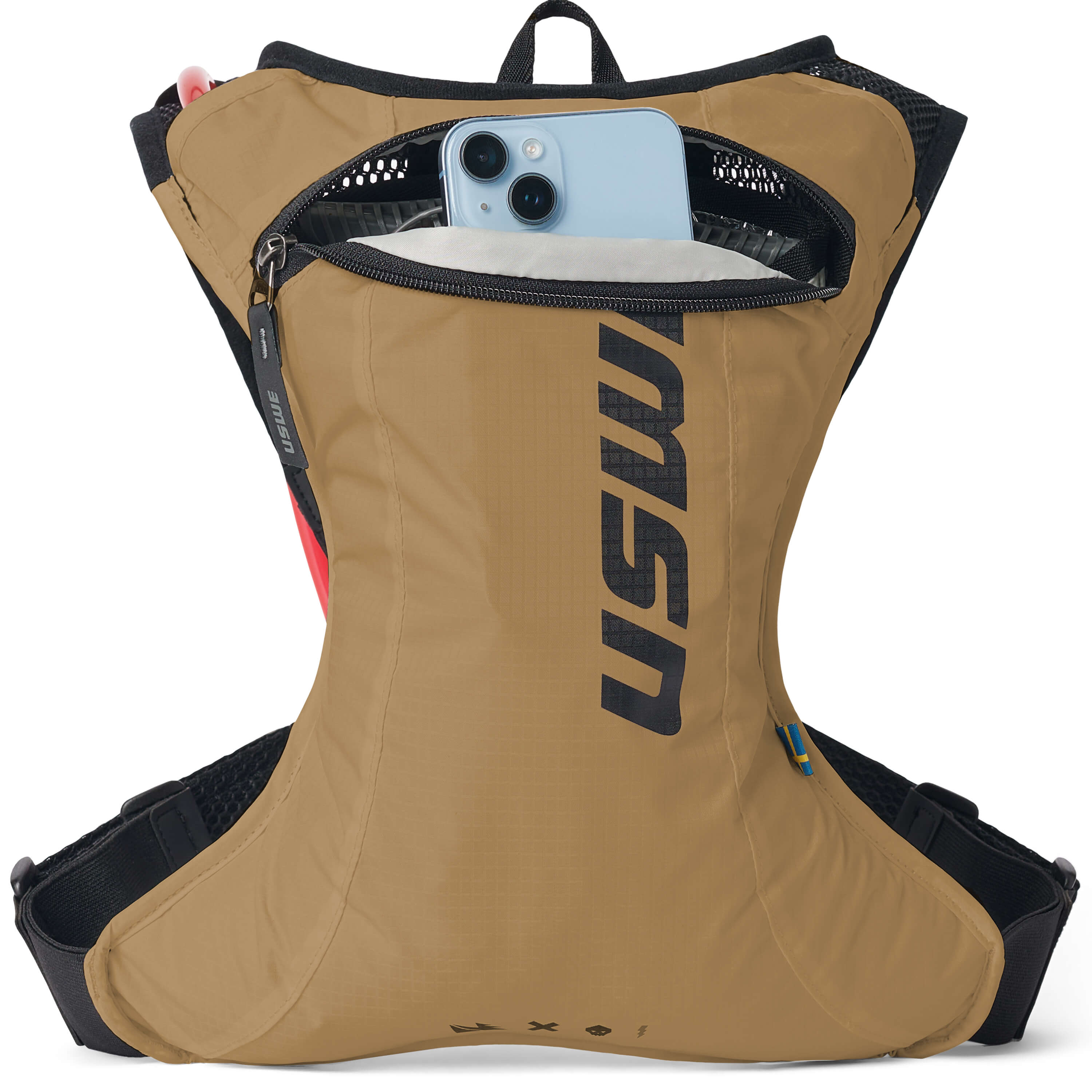 USWE lightweight race hydration pack in tan with black straps and mesh pocket holding smartphone, front view showing minimalist design and zippered storage compartment.