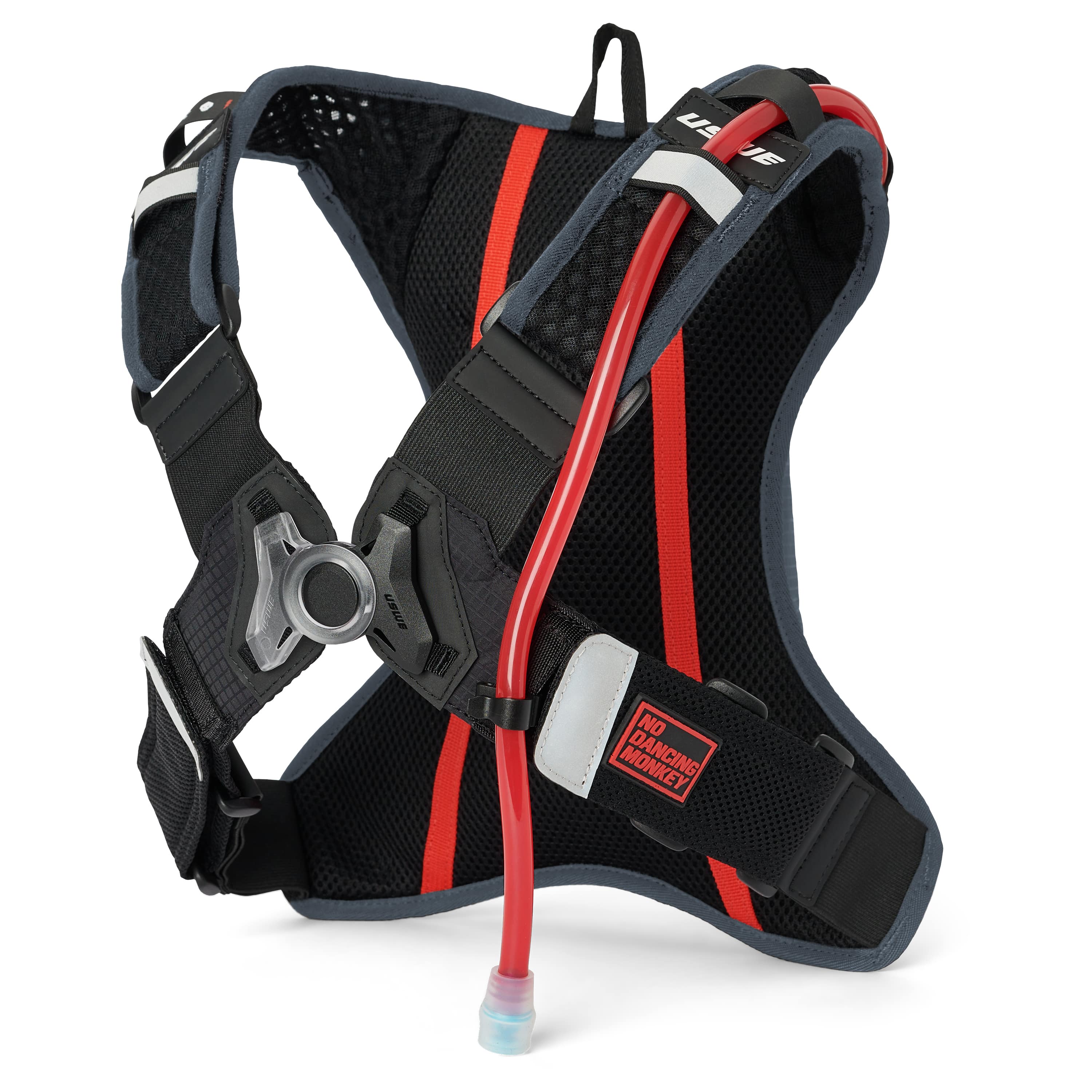 blue harness with a brand label on a white background