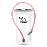 Clear hydration bladder with red tube and blue valve on a white background, featuring USWE logo.