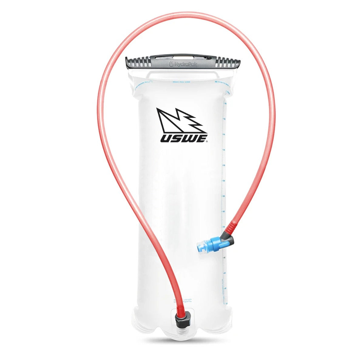 Clear hydration bladder with red tube and USWE logo on a white background