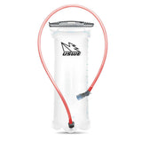 Clear hydration bladder with red tube and USWE logo on a white background