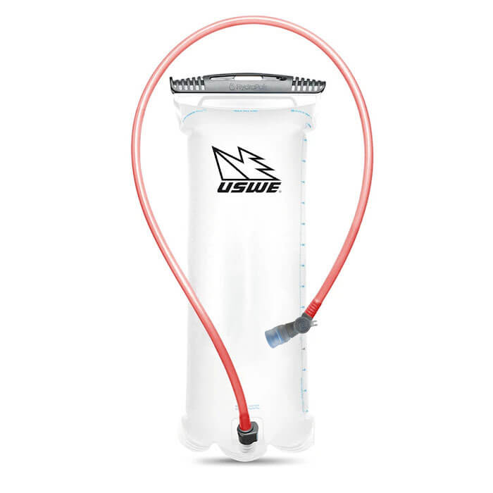 Clear hydration bladder with red tube and USWE logo on a white background