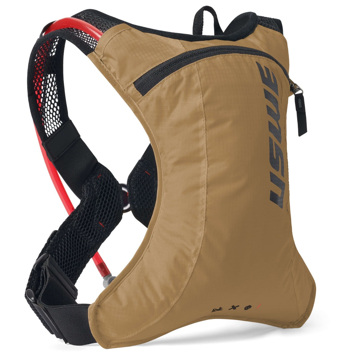 USWE lightweight race hydration pack in tan with black mesh shoulder straps, red hydration tube, and minimalist design for cross-country mountain biking and gravel racing.