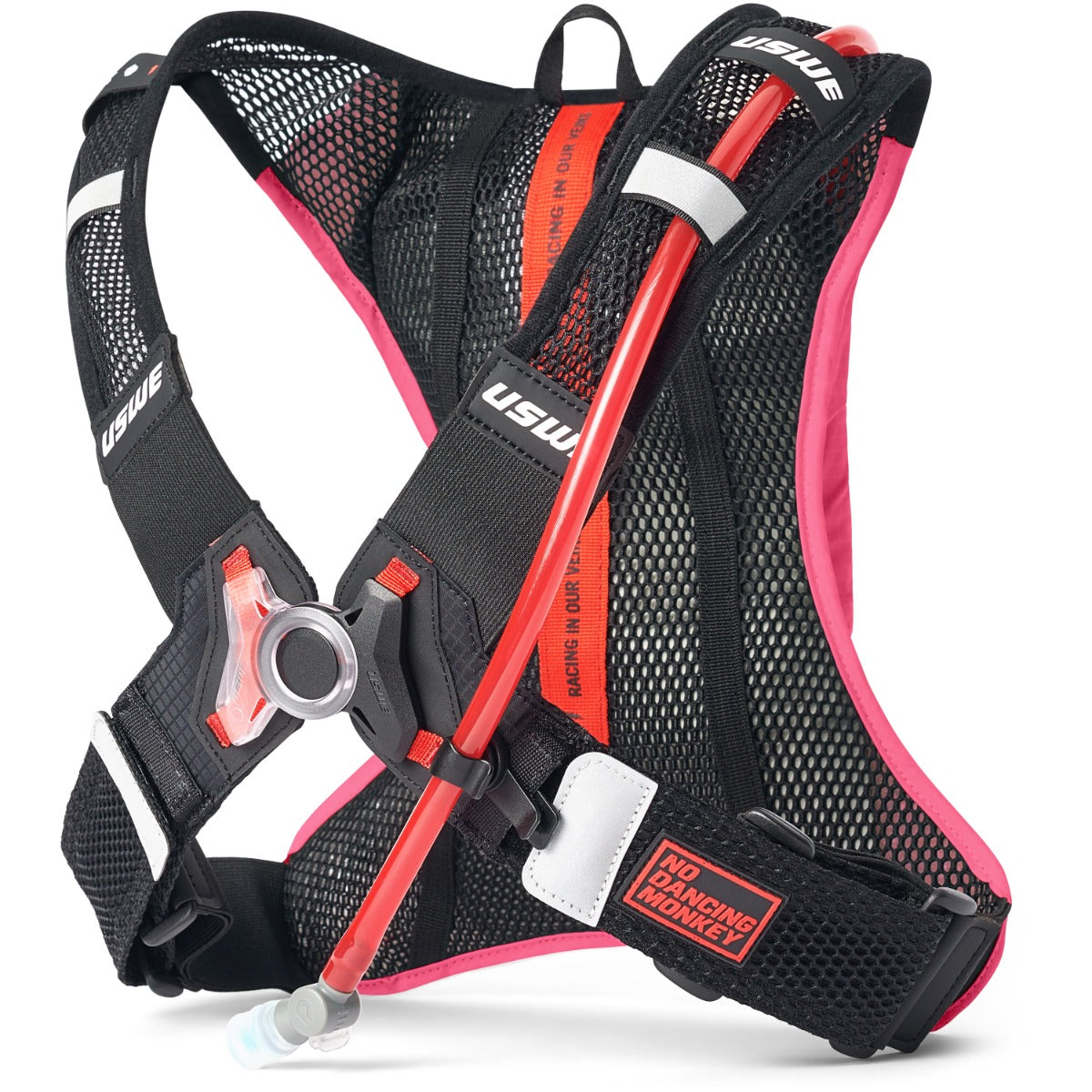USWE lightweight race hydration pack with black mesh harness, pink accents, and No Dancing Monkey 4-point harness system for mountain biking and gravel racing.