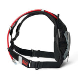 USWE MOTO HYDRO 12L Adventure Fit hydration pack shown from rear angle highlighting elastic shoulder harness with red hydration tube routing, breathable mesh back panel, adjustable waist belt with No Dancing Monkey label, and side storage pocket.