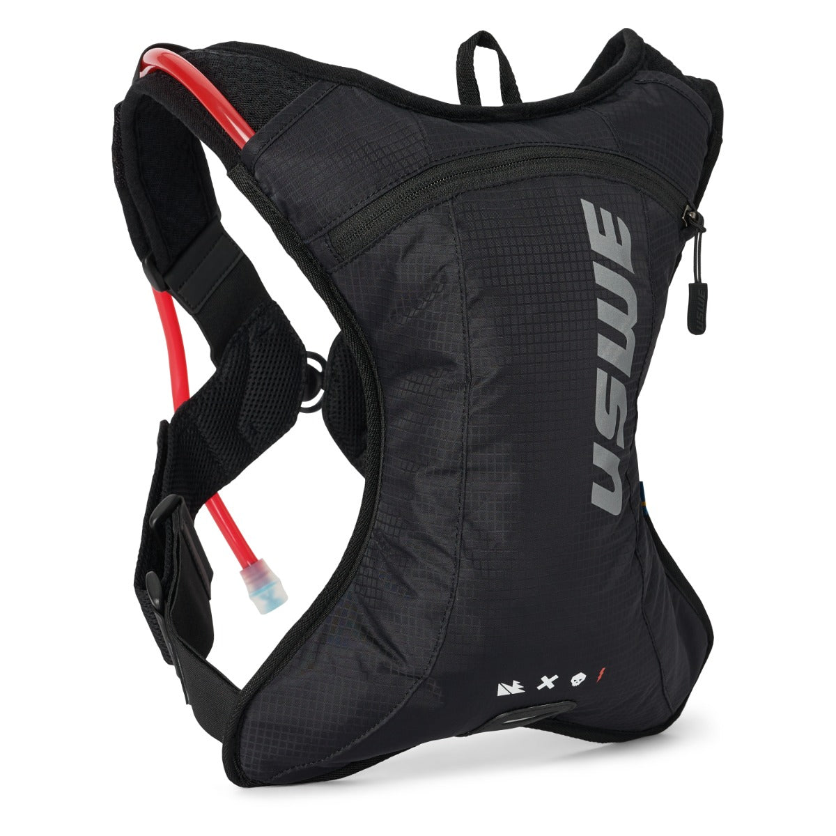 Black hydration backpack with red tube and white logotype on a white background