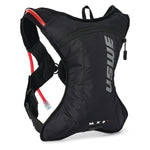 Black hydration backpack with red tube and white logotype on a white background
