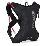Black hydration backpack with red tube and white logotype on a white background