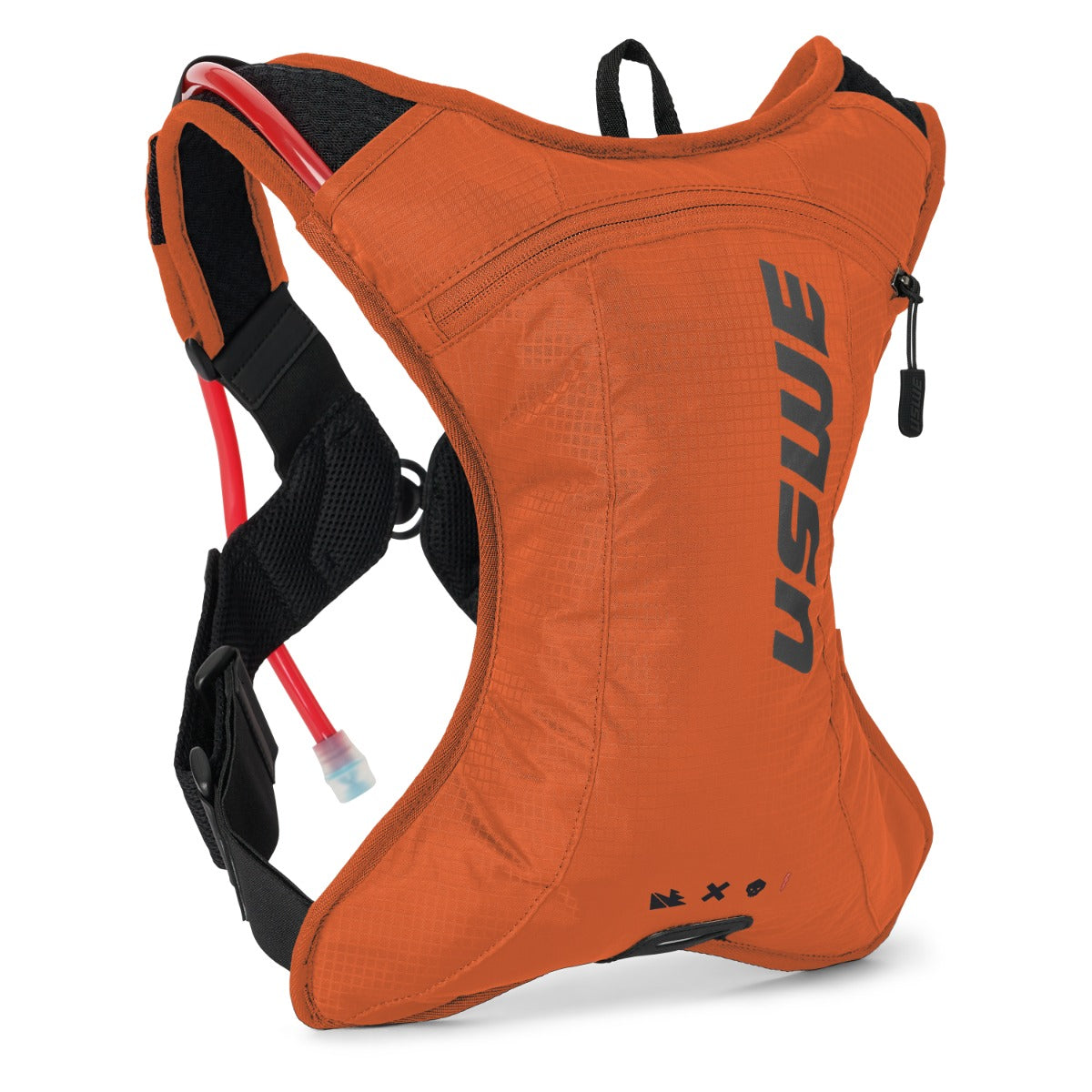 Orange hydration backpack with visible brand logo on a white background