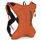 Orange hydration backpack with visible brand logo on a white background